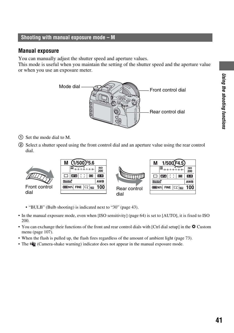 Shooting with manual exposure mode - m, Shooting with manual exposure mode – m, Manual exposure | Sony DSLR-A700 User Manual | Page 41 / 179