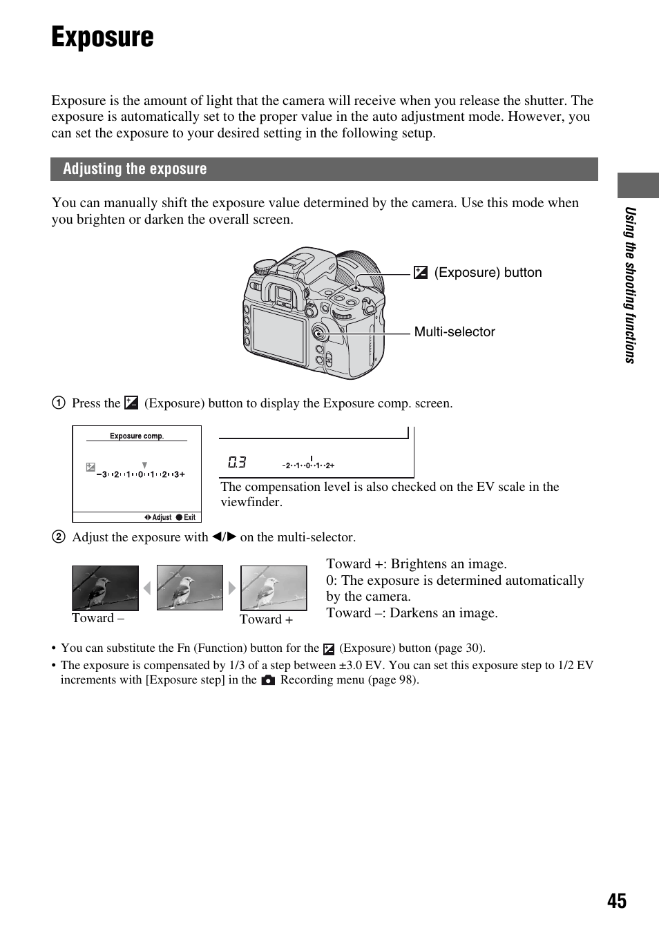 Exposure, Adjusting the exposure, N (45) | Sony DSLR-A700 User Manual | Page 45 / 179