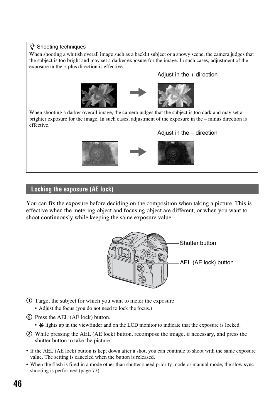 Locking the exposure (ae lock) | Sony DSLR-A700 User Manual | Page 46 / 179