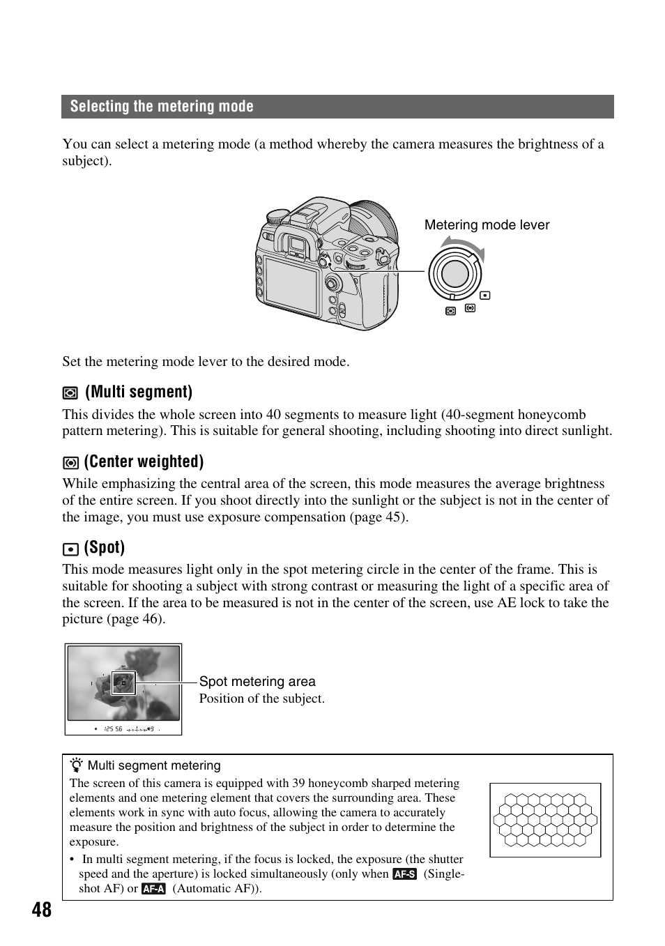 Selecting the metering mode | Sony DSLR-A700 User Manual | Page 48 / 179