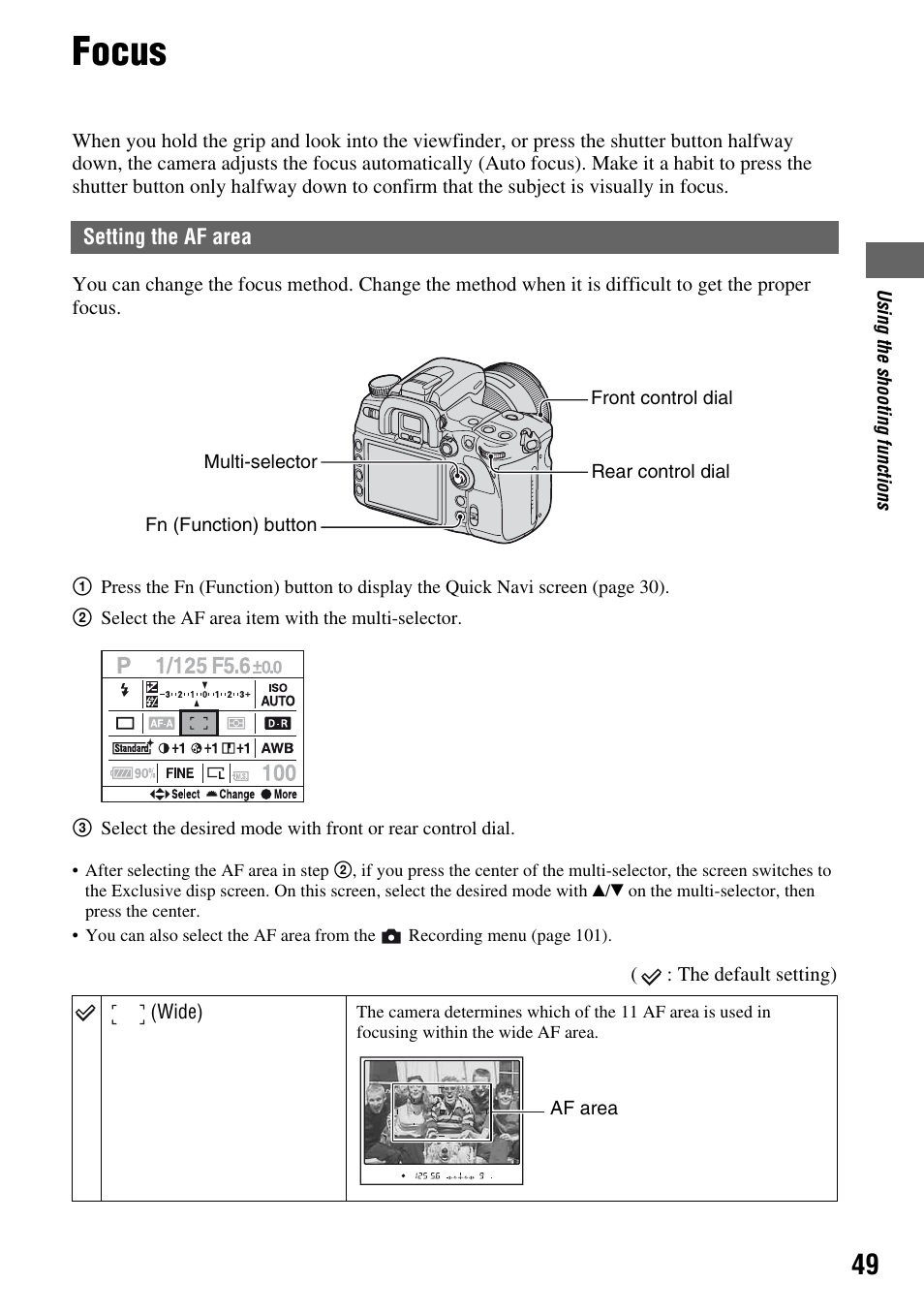 Focus, Setting the af area | Sony DSLR-A700 User Manual | Page 49 / 179