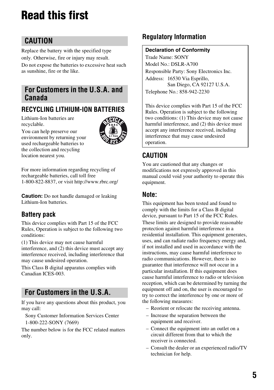 Read this first | Sony DSLR-A700 User Manual | Page 5 / 179