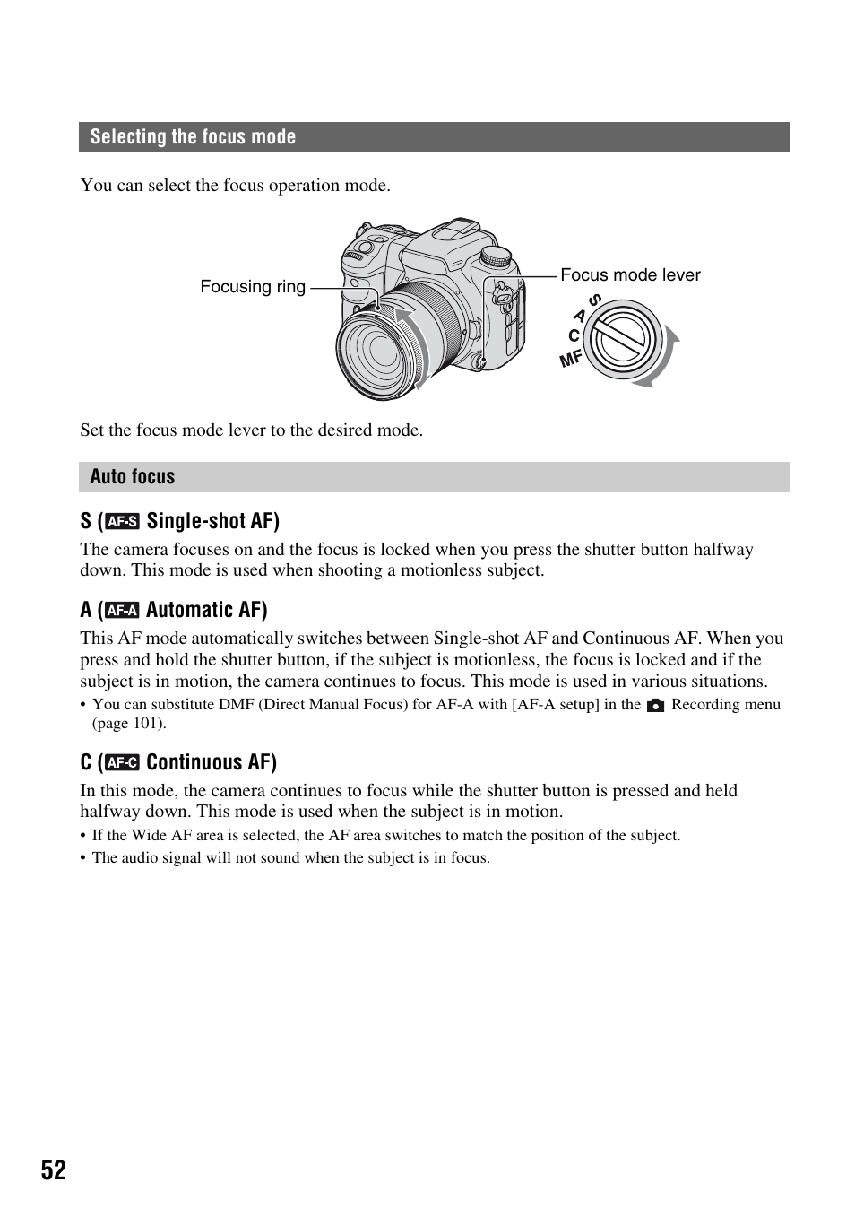 Selecting the focus mode, R (52, 10 | Sony DSLR-A700 User Manual | Page 52 / 179