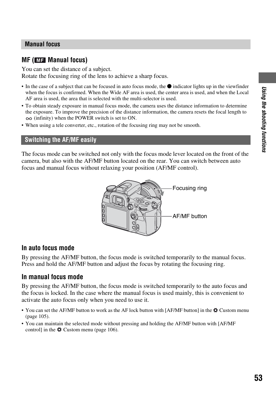 Switching the af/mf easily, N (53) | Sony DSLR-A700 User Manual | Page 53 / 179