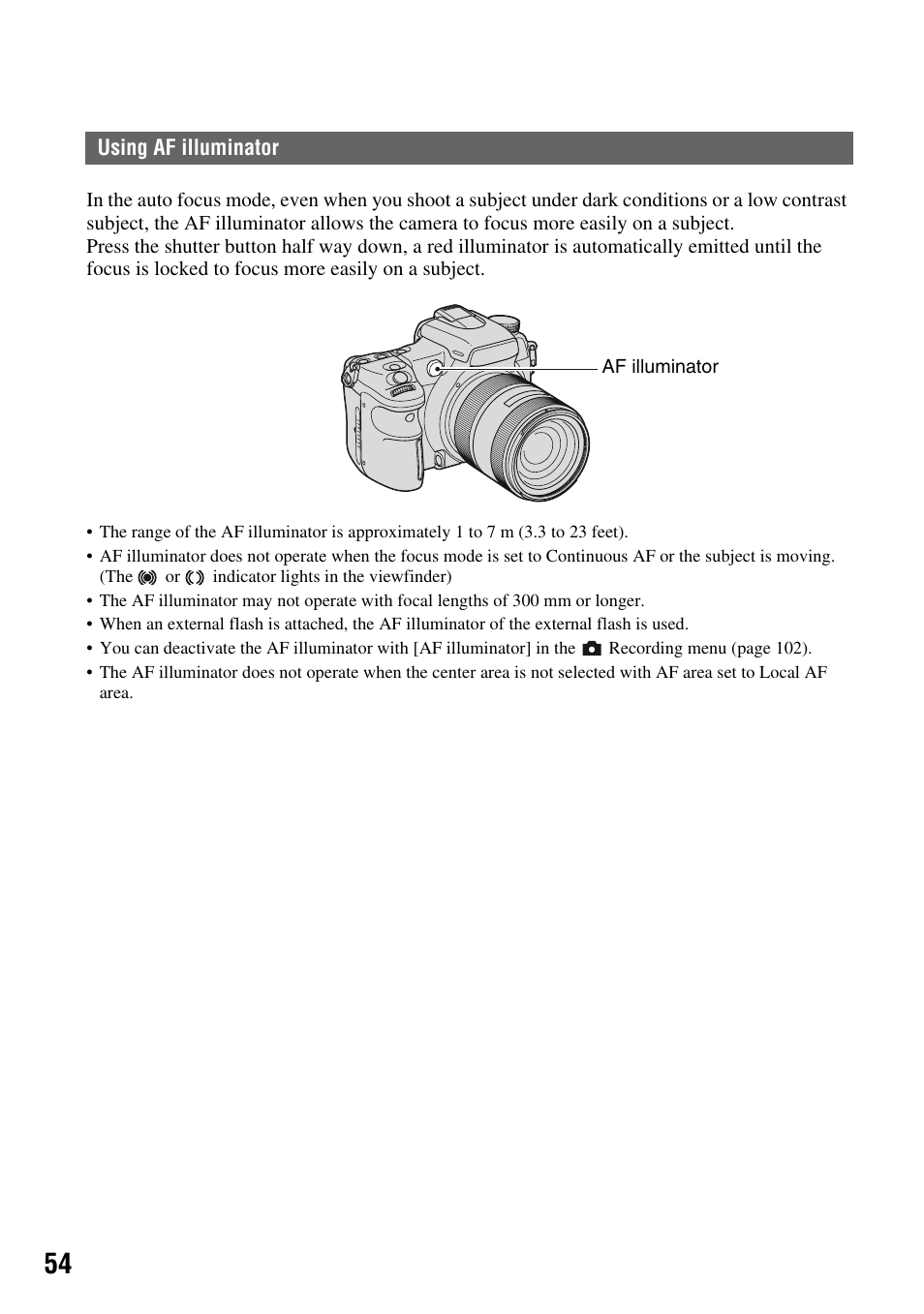 Using af illuminator | Sony DSLR-A700 User Manual | Page 54 / 179