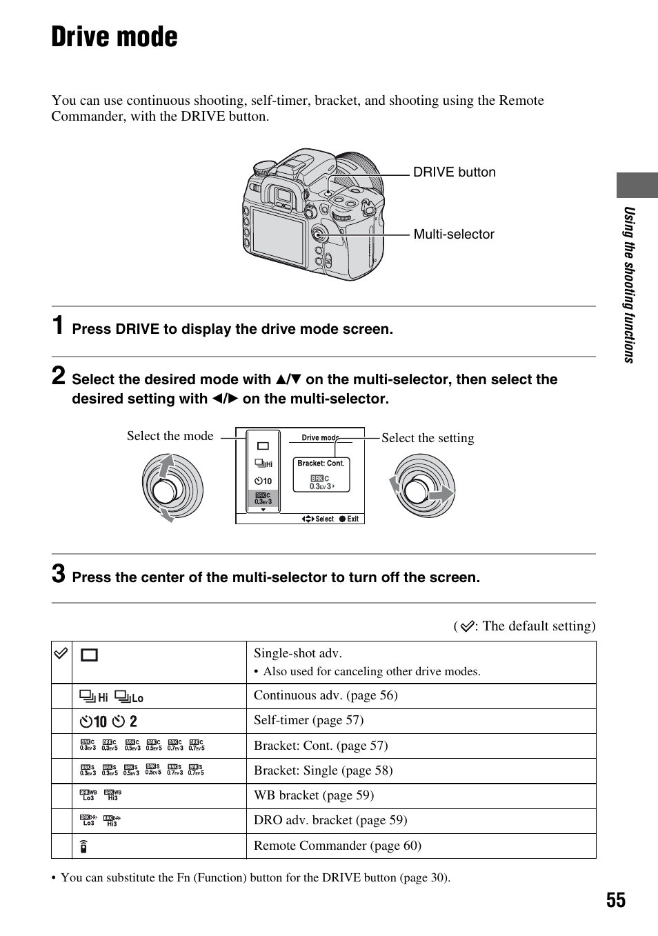 Drive mode, N (55) | Sony DSLR-A700 User Manual | Page 55 / 179