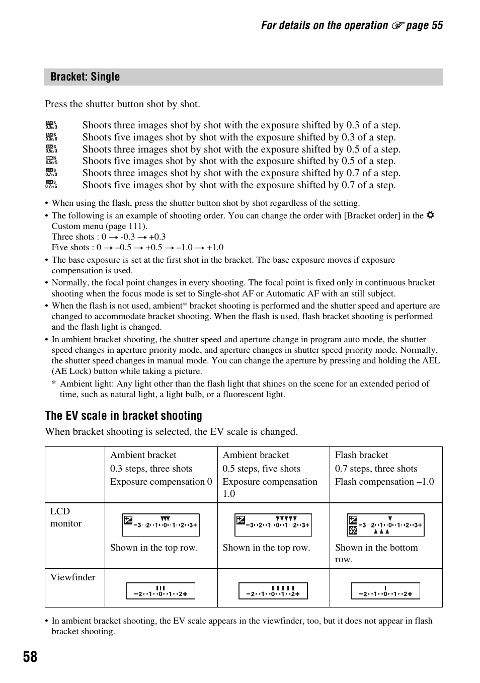 The ev scale in bracket shooting | Sony DSLR-A700 User Manual | Page 58 / 179