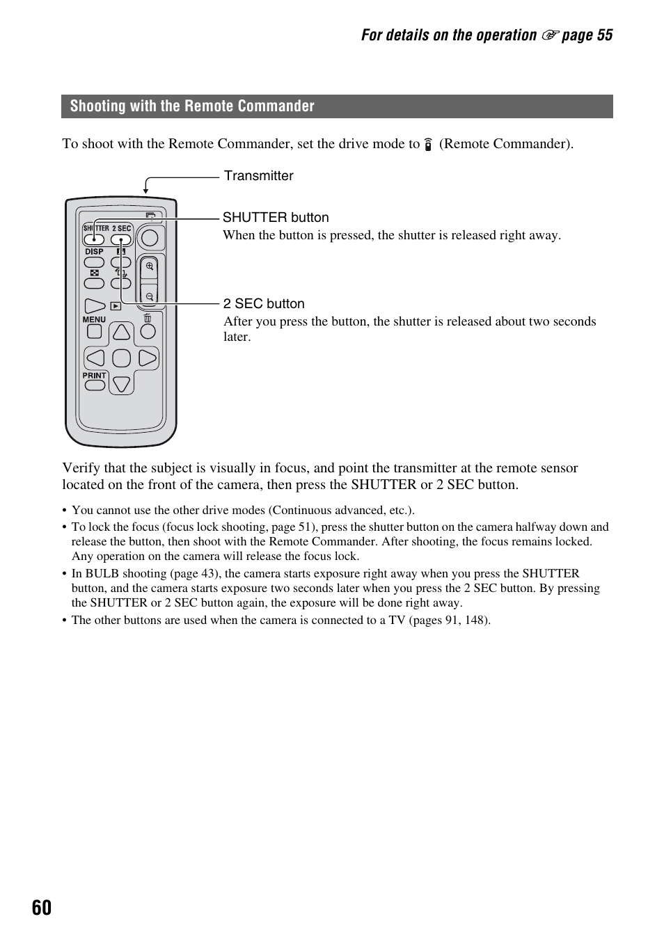 Shooting with the remote commander | Sony DSLR-A700 User Manual | Page 60 / 179