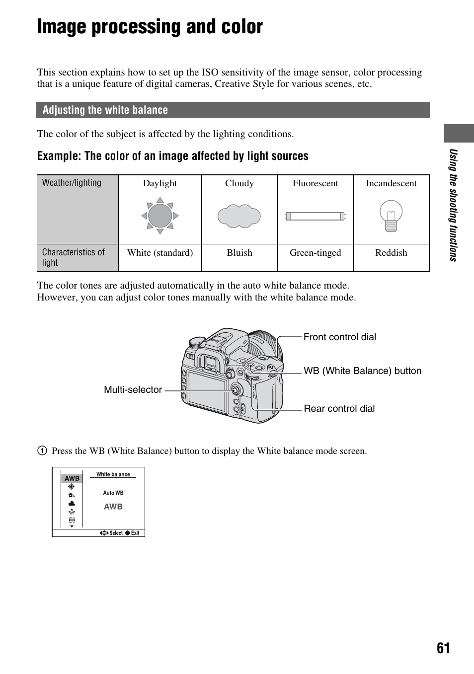 Image processing and color, Adjusting the white balance, Tton (61) | Om) (61) | Sony DSLR-A700 User Manual | Page 61 / 179