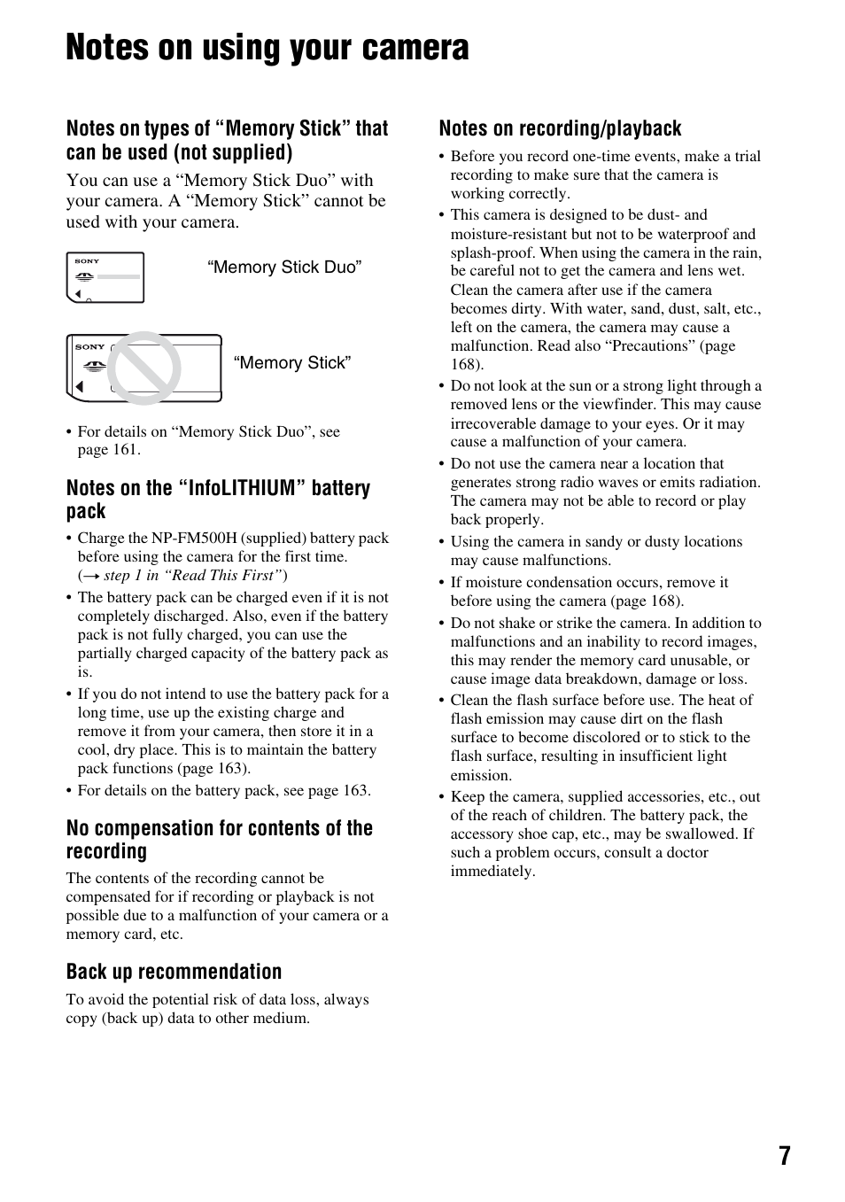 Notes on using your camera, No compensation for contents of the recording, Back up recommendation | Sony DSLR-A700 User Manual | Page 7 / 179