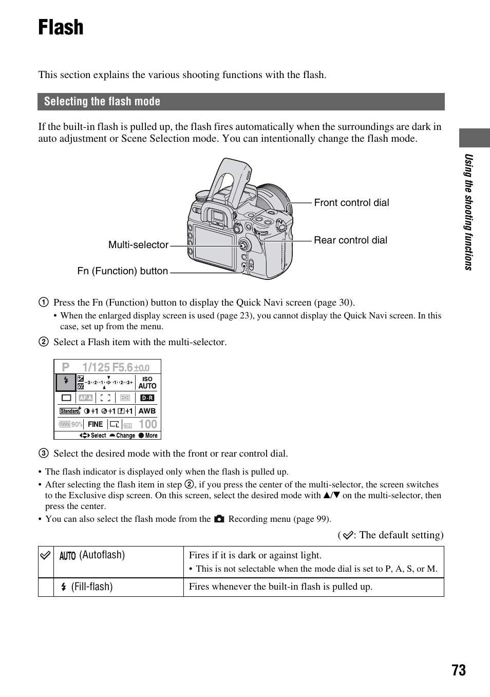 Flash, Selecting the flash mode, H (73) | Sony DSLR-A700 User Manual | Page 73 / 179