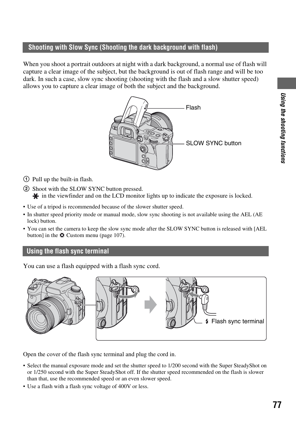 Using the flash sync terminal, Terminal (77) | Sony DSLR-A700 User Manual | Page 77 / 179