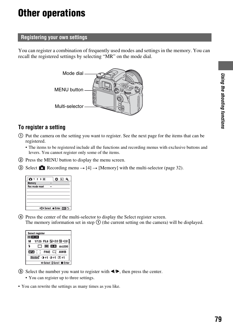 Other operations, Registering your own settings | Sony DSLR-A700 User Manual | Page 79 / 179