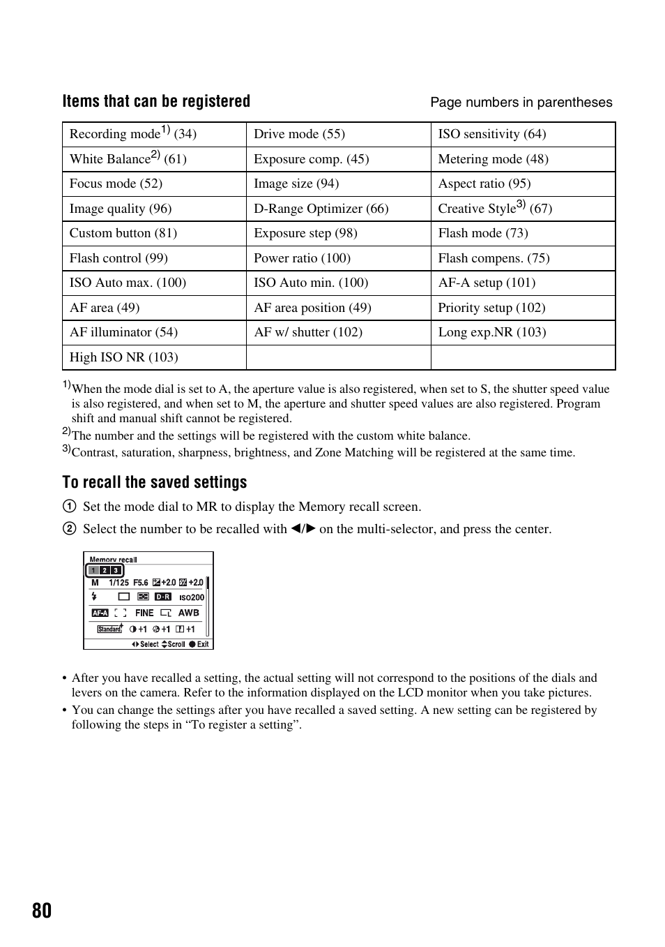 Items that can be registered | Sony DSLR-A700 User Manual | Page 80 / 179