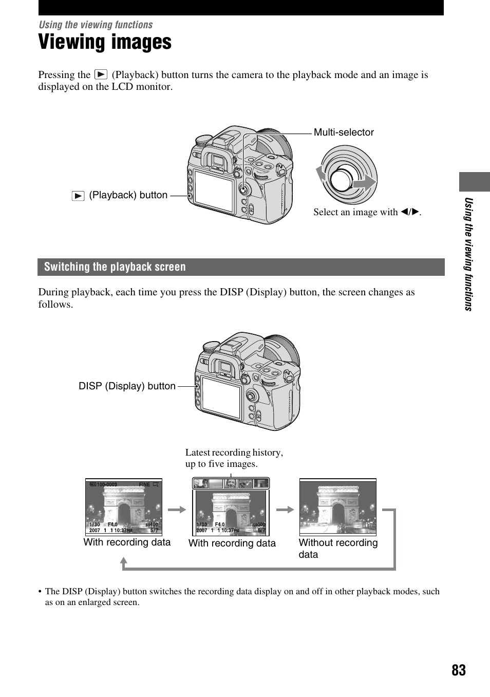 Using the viewing functions, Viewing images, Switching the playback screen | Tton (83) | Sony DSLR-A700 User Manual | Page 83 / 179