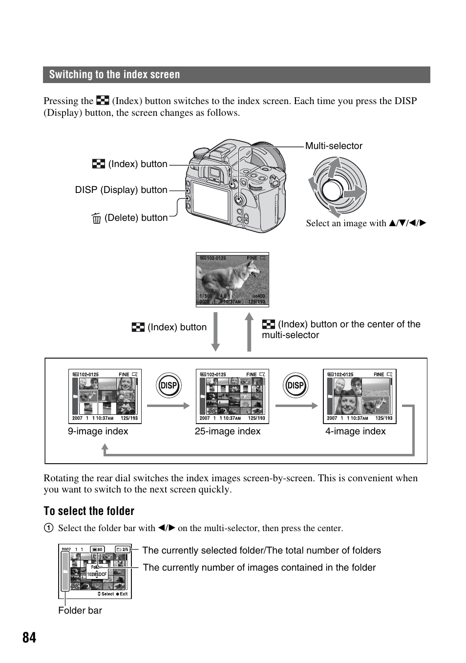 Switching to the index screen, N (84), Tton (84) | Sony DSLR-A700 User Manual | Page 84 / 179