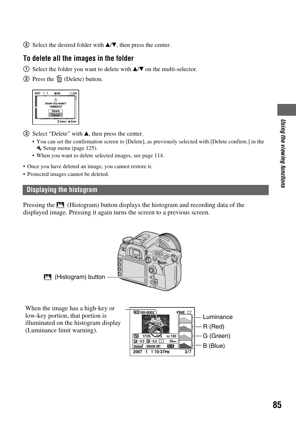 Displaying the histogram, E (85), M (85) | Sony DSLR-A700 User Manual | Page 85 / 179