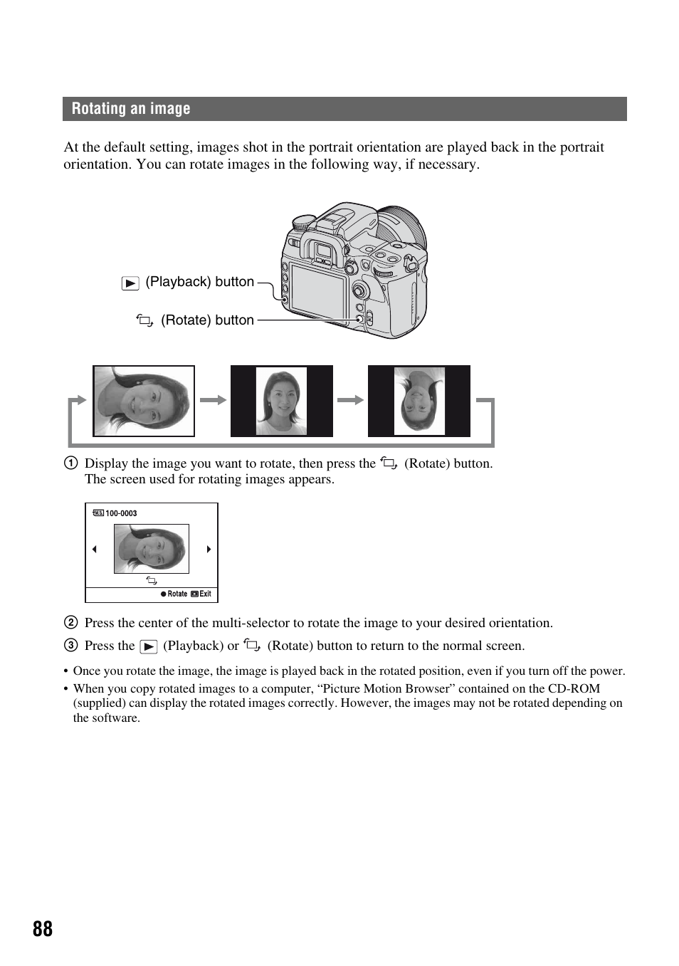 Rotating an image, Tton (88), N (88) | Sony DSLR-A700 User Manual | Page 88 / 179