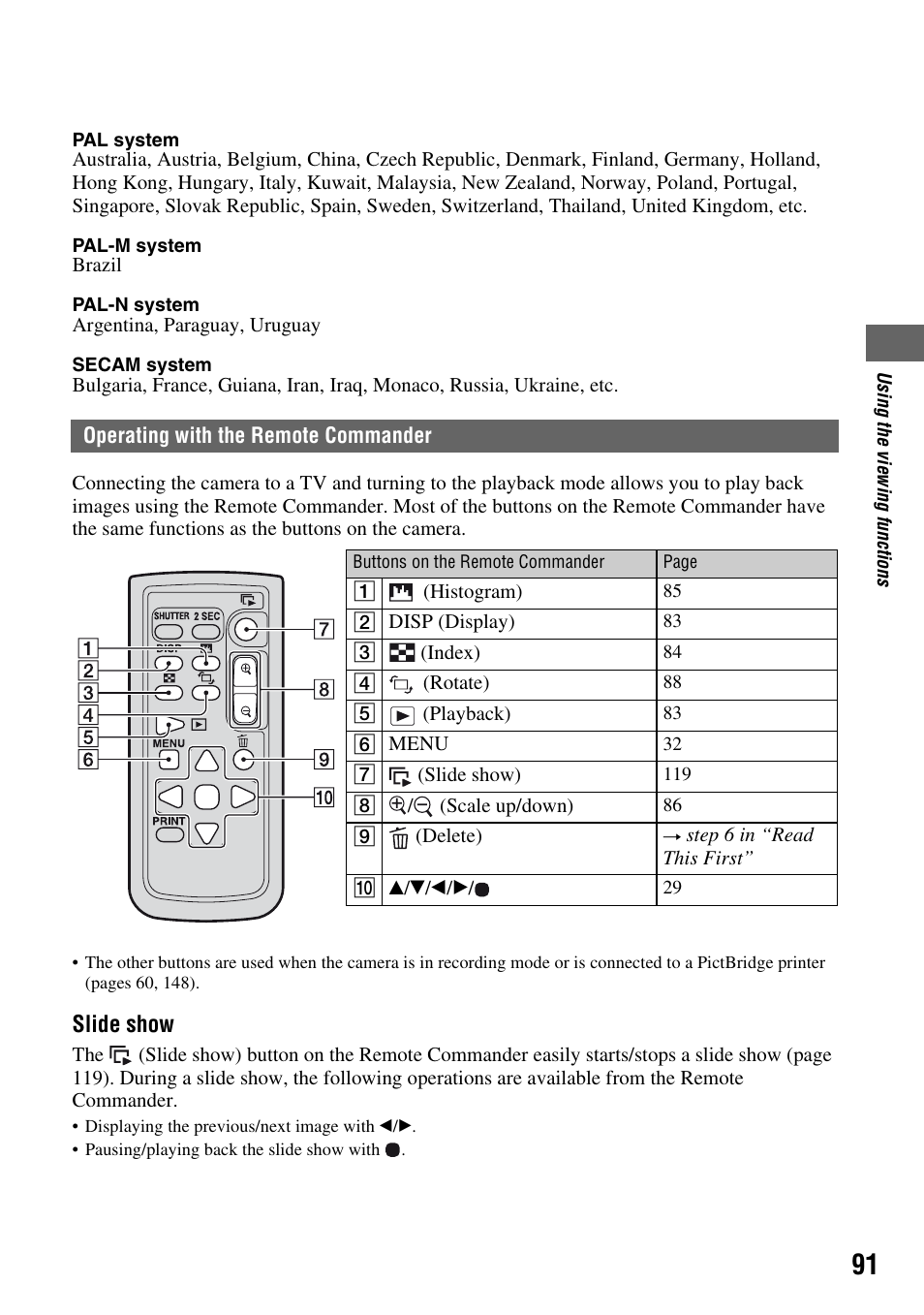 Operating with the remote commander, Slide show | Sony DSLR-A700 User Manual | Page 91 / 179