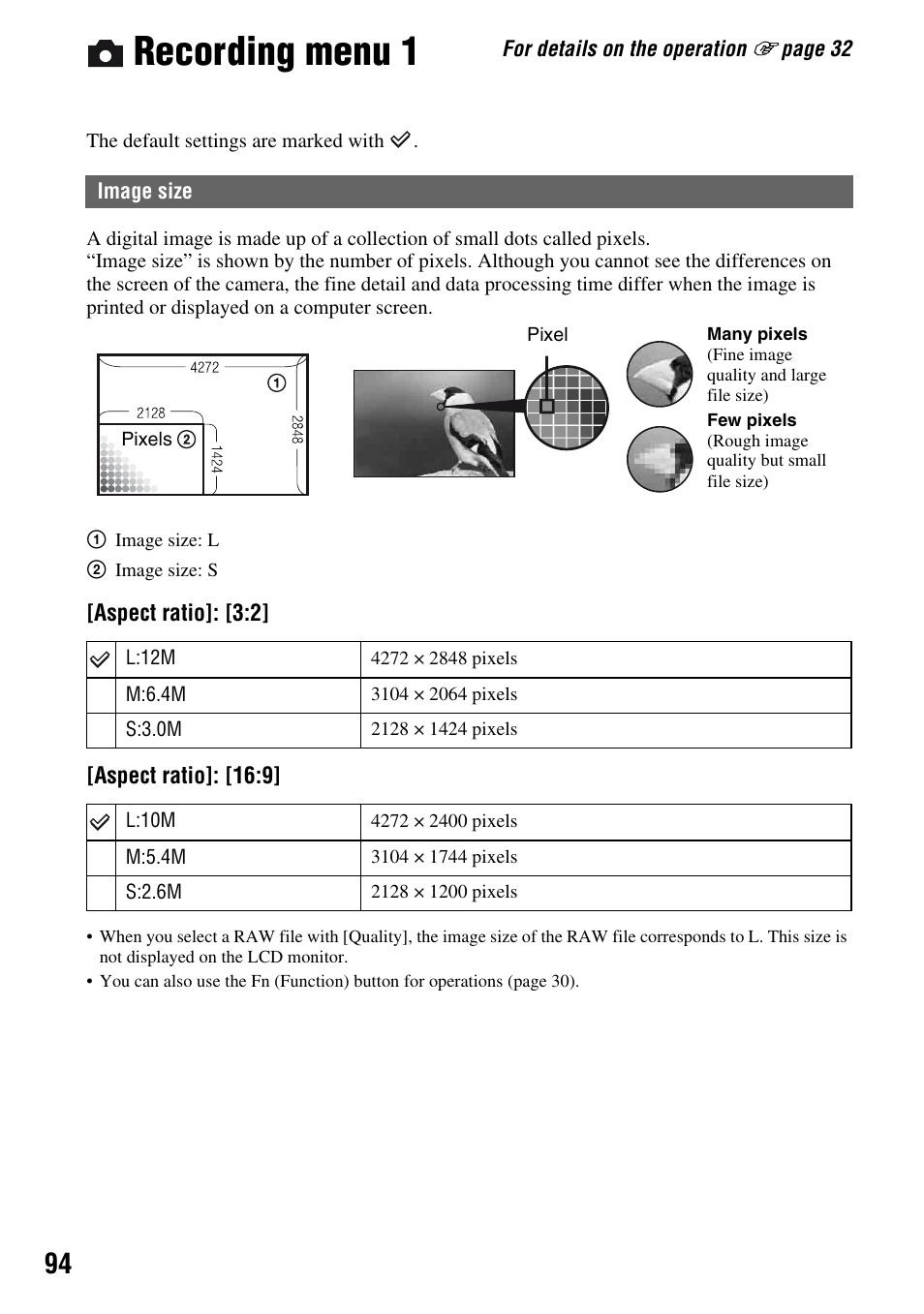 Recording menu 1, Image size, E (94) | Sony DSLR-A700 User Manual | Page 94 / 179