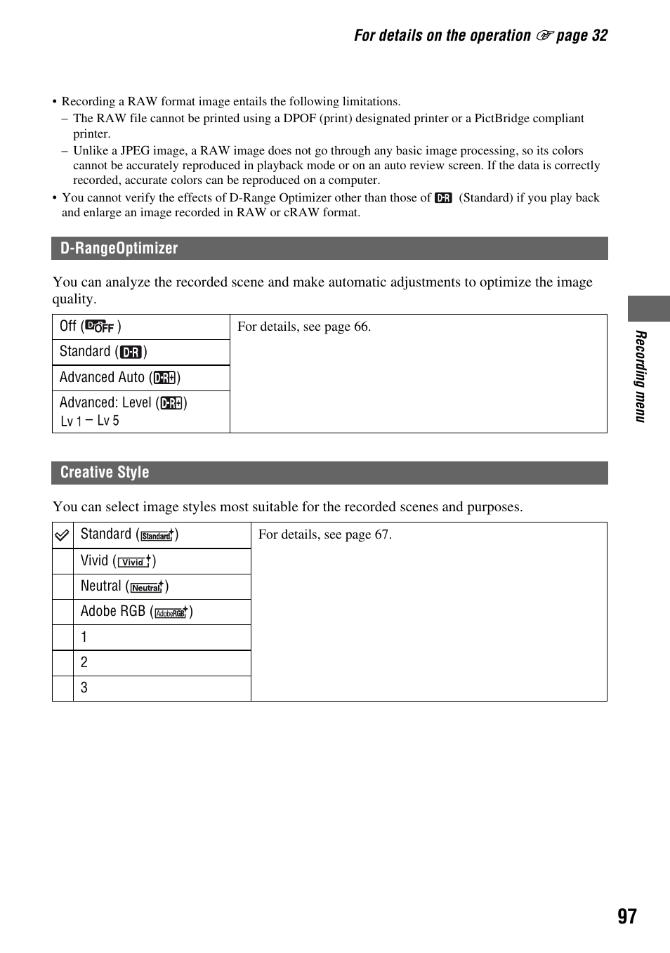 D-rangeoptimizer, Creative style | Sony DSLR-A700 User Manual | Page 97 / 179