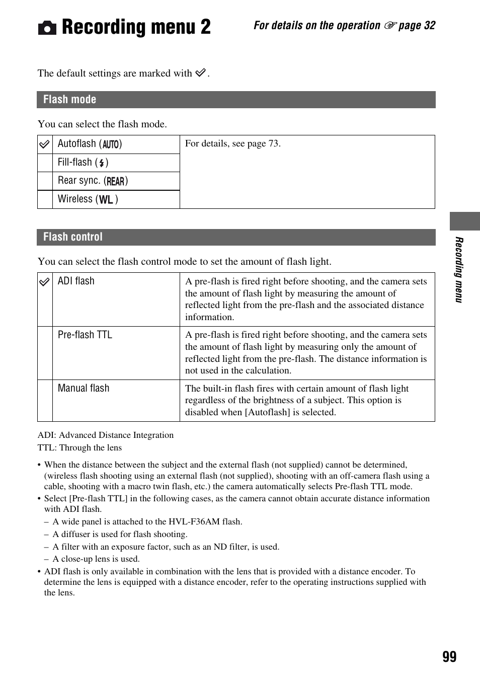 Recording menu 2, Flash mode, Flash control | Sony DSLR-A700 User Manual | Page 99 / 179