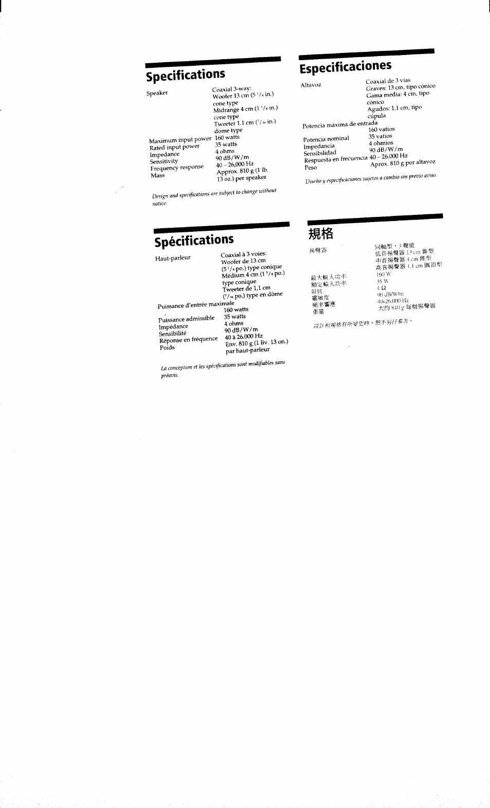 Specifications, Especificaciones, Spécifications | Îëiïs niés-! ■ ,i ¡til, Ffiïïswlg 13 emits, A-g-siiîs 4 cm, Bîfftésâs 1.1 cmwjbs, 160w, 33 w, Imiæ 4 | Sony XS-V1350G User Manual | Page 7 / 8