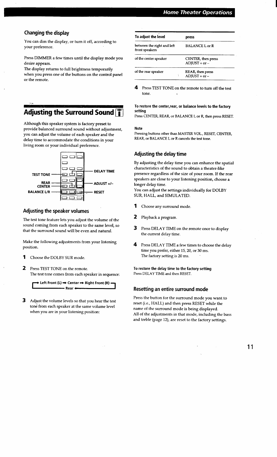 Changing the display, Adjusting the surround sound, Adjusting the speaker volumes | Center right front (r) ■ rear, Adjusting the delay time, To restore the delay time to the factory setting, Resetting an entire surround mode | Sony SA-VA15 User Manual | Page 11 / 14