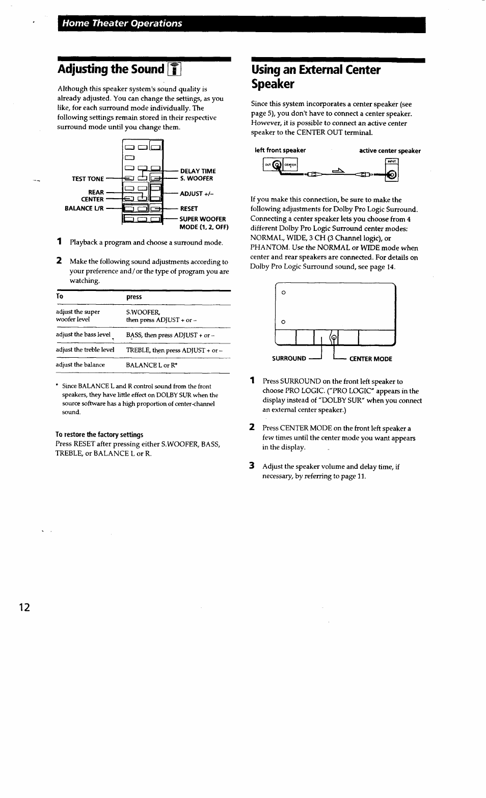 Adjusting the sound [i, To restore the factory settings, Using an external center speaker | Active center speaker, Surround, Center mode | Sony SA-VA15 User Manual | Page 12 / 14