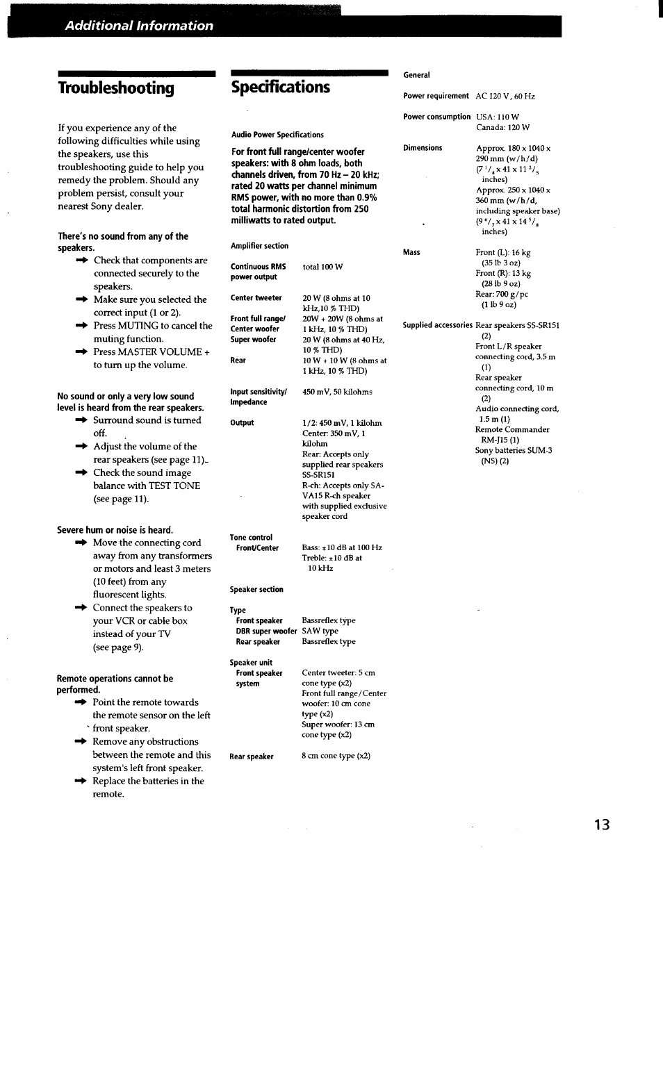 Troubleshooting, Specifications, Audio power spedfications | Speaker section, Type, General, Additional information | Sony SA-VA15 User Manual | Page 13 / 14