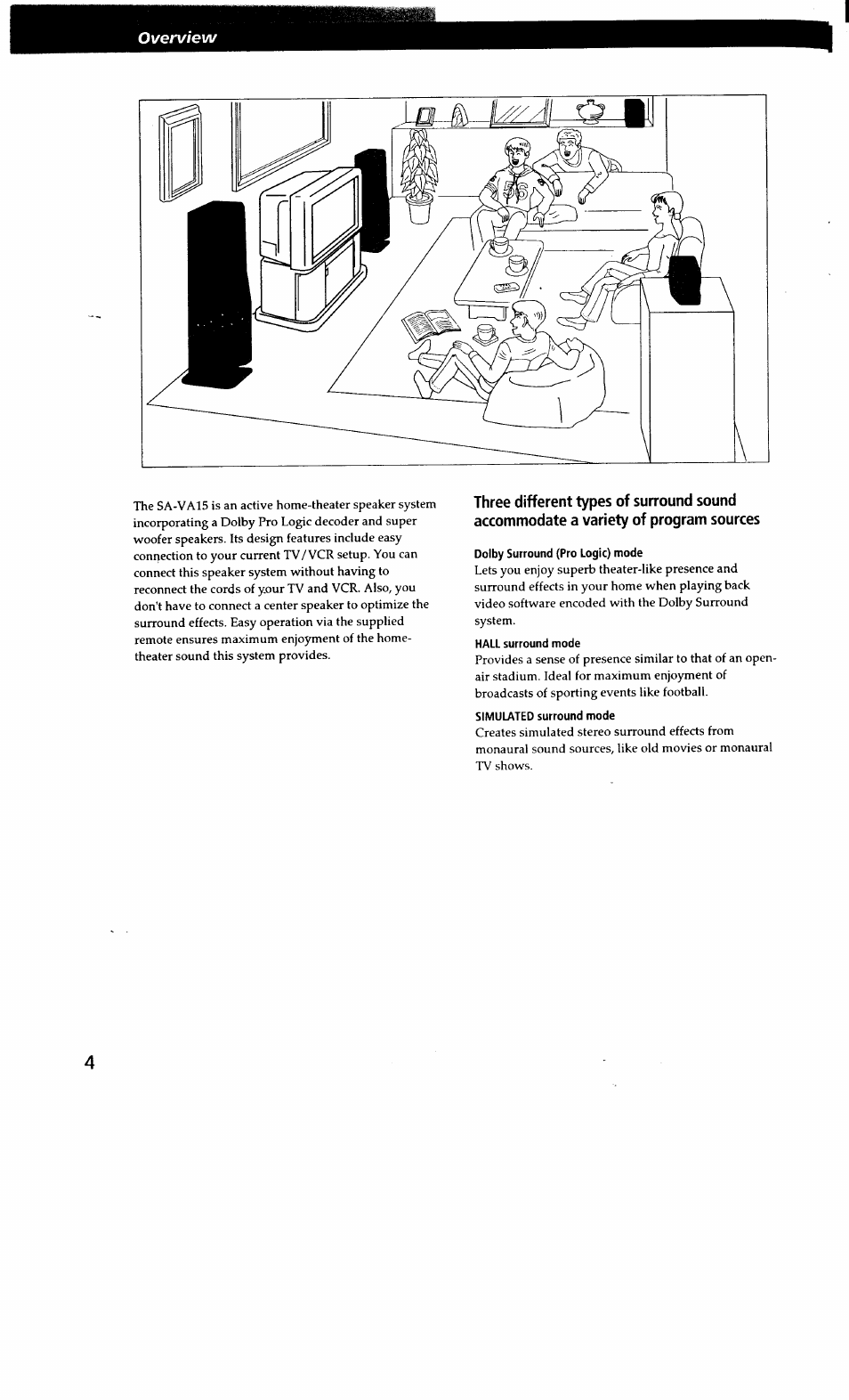 Dolby surround (pro logic) mode, Hall surround mode, Simulated surround mode | Sony SA-VA15 User Manual | Page 4 / 14