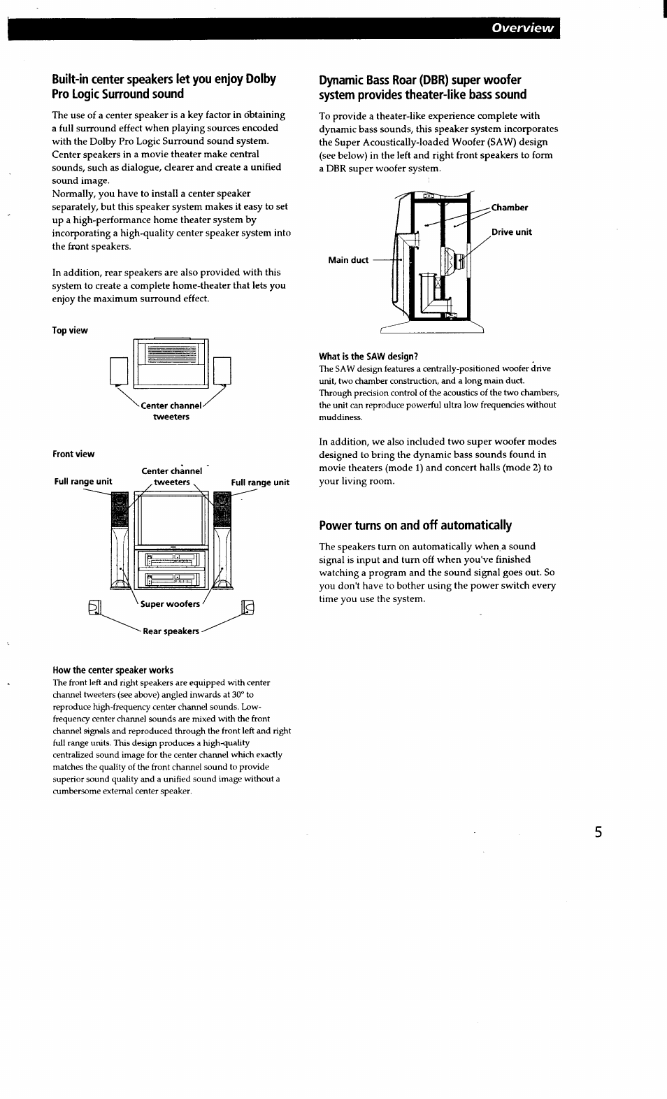 Top view, Power turns on and off automatically, How the center speaker works | Overview | Sony SA-VA15 User Manual | Page 5 / 14