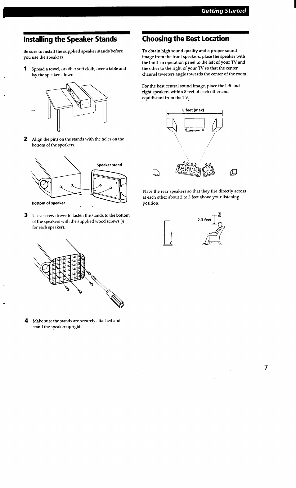 Installing the speaker stands, Choosing the best location | Sony SA-VA15 User Manual | Page 7 / 14