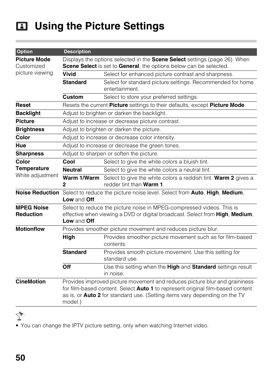 Using the picture settings | Sony KDL-46EX640 User Manual | Page 50 / 88