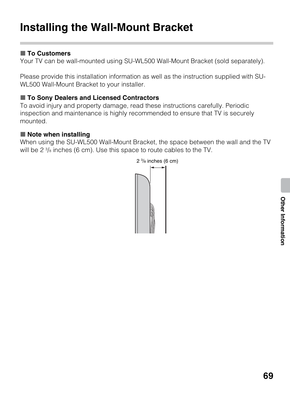 Installing the wall-mount bracket | Sony KDL-46EX640 User Manual | Page 69 / 88