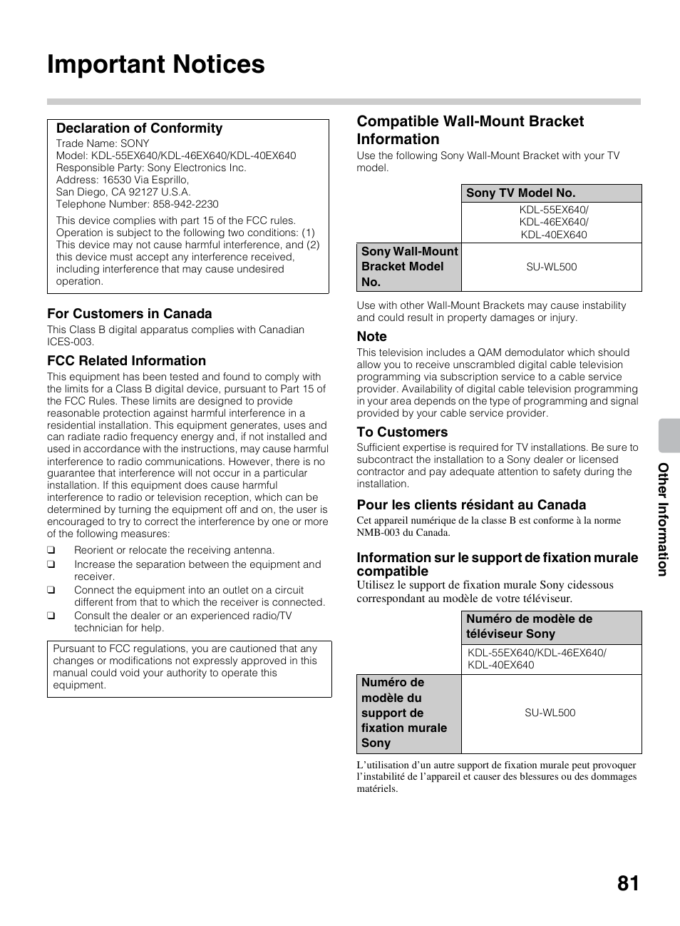 Important notices, Compatible wall-mount bracket information | Sony KDL-46EX640 User Manual | Page 81 / 88