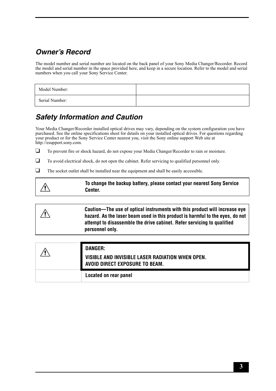 Owner’s record, Safety information and caution | Sony VGP-XL1B User Manual | Page 3 / 8