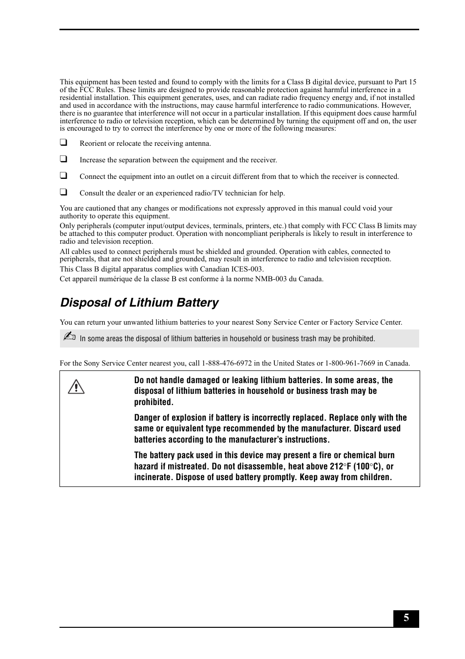 Disposal of lithium battery | Sony VGP-XL1B User Manual | Page 5 / 8