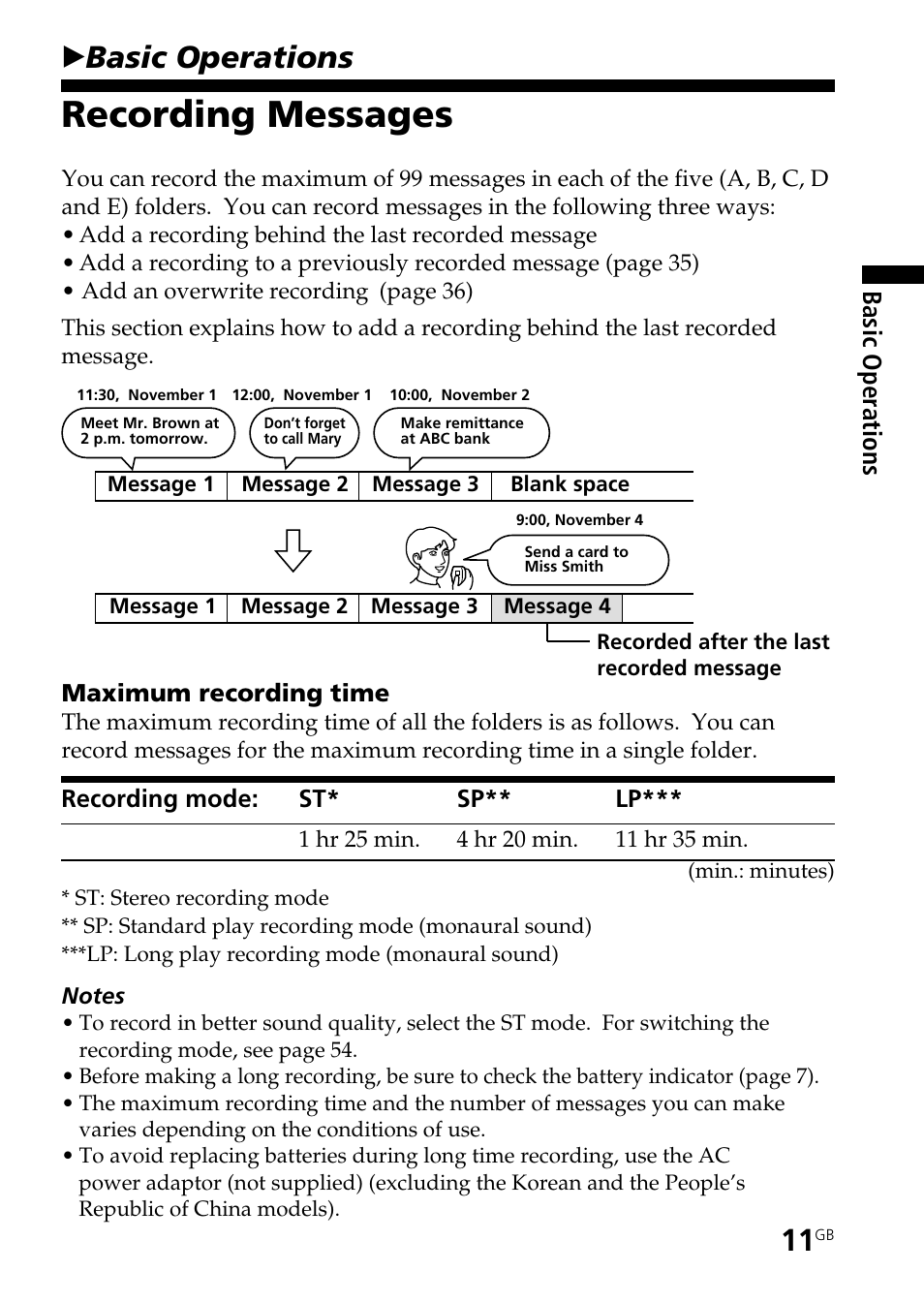 Basic operations, Recording messages, Bbasic operations | Sony ICD-ST25VTP User Manual | Page 11 / 72