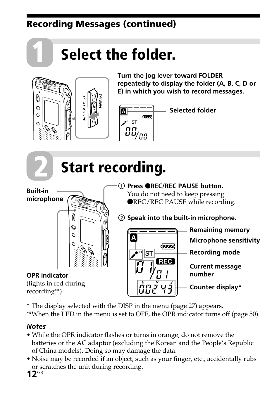 Select the folder, Start recording | Sony ICD-ST25VTP User Manual | Page 12 / 72