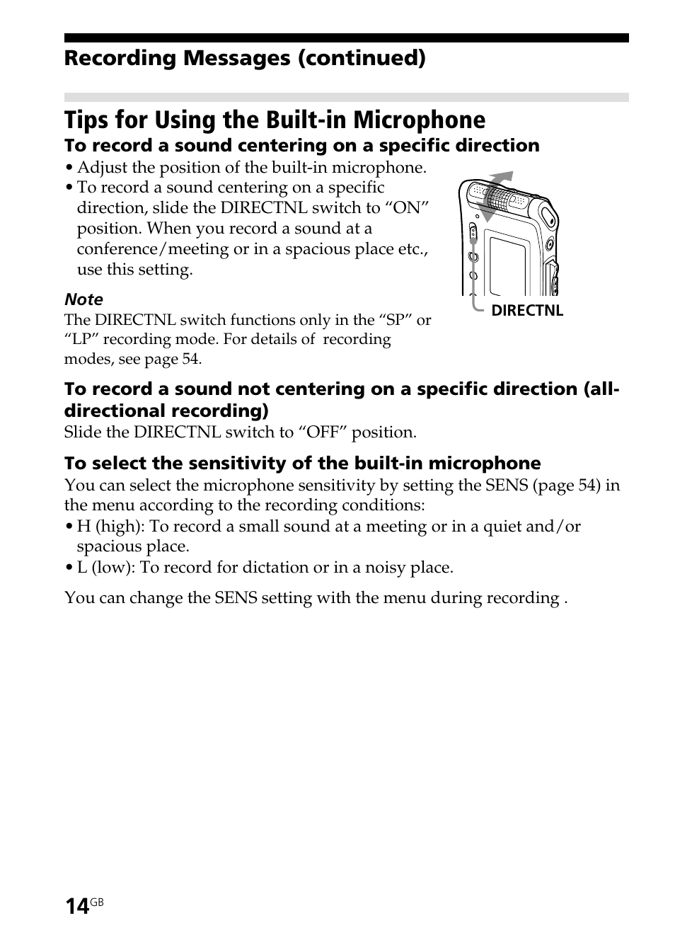 Tips for using the built-in microphone, Recording messages (continued) | Sony ICD-ST25VTP User Manual | Page 14 / 72