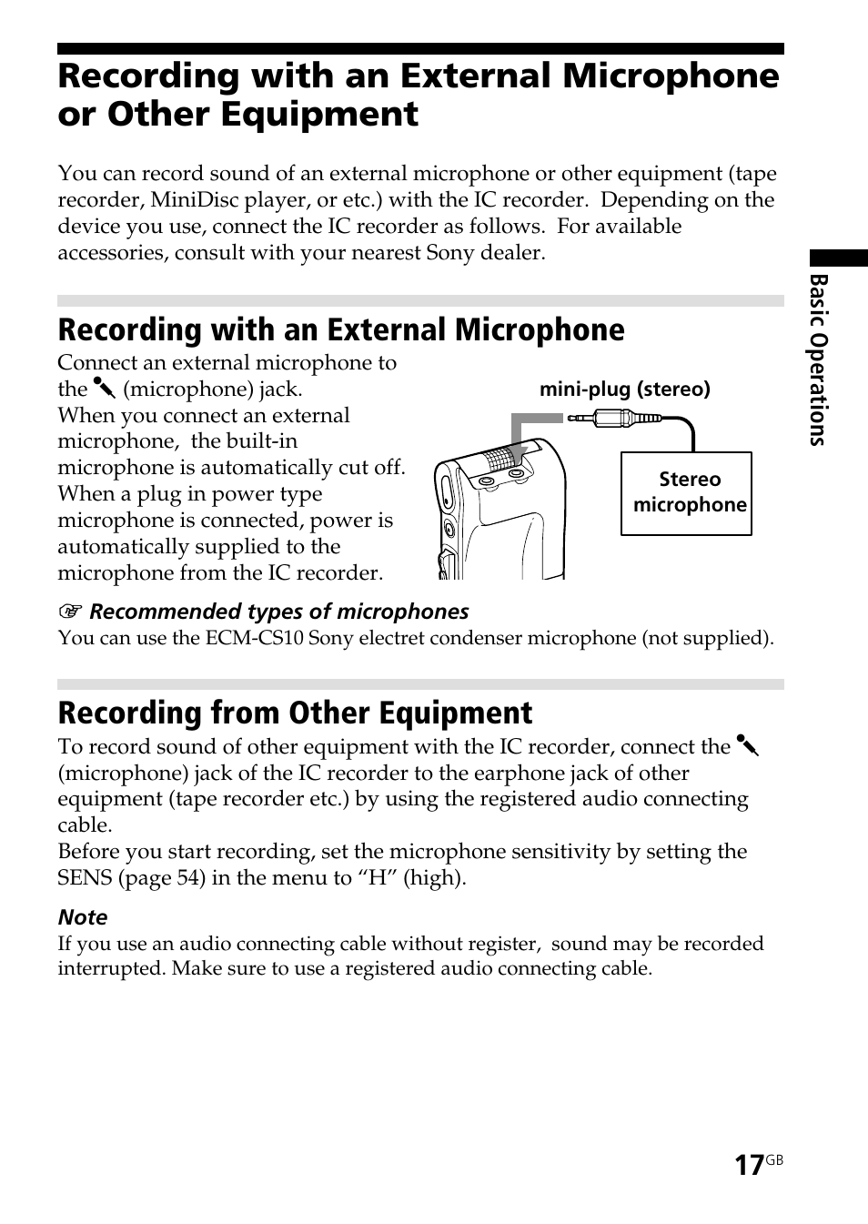 Recording with an external microphone, Recording from other equipment | Sony ICD-ST25VTP User Manual | Page 17 / 72