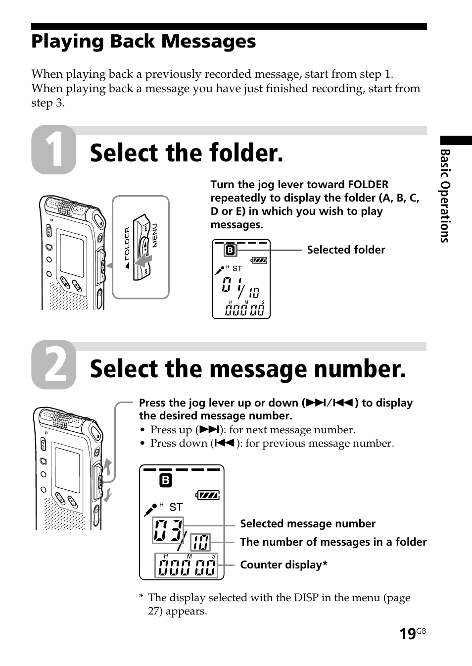 Playing back messages, Select the folder, Select the message number | Sony ICD-ST25VTP User Manual | Page 19 / 72