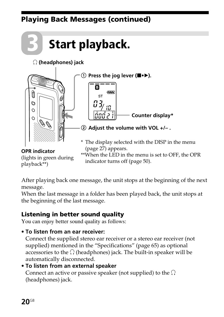 Start playback | Sony ICD-ST25VTP User Manual | Page 20 / 72