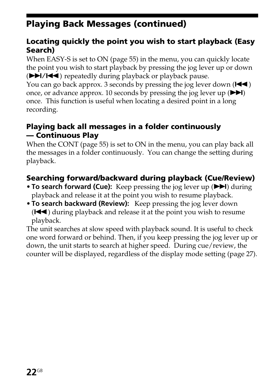 Playing back messages (continued) | Sony ICD-ST25VTP User Manual | Page 22 / 72