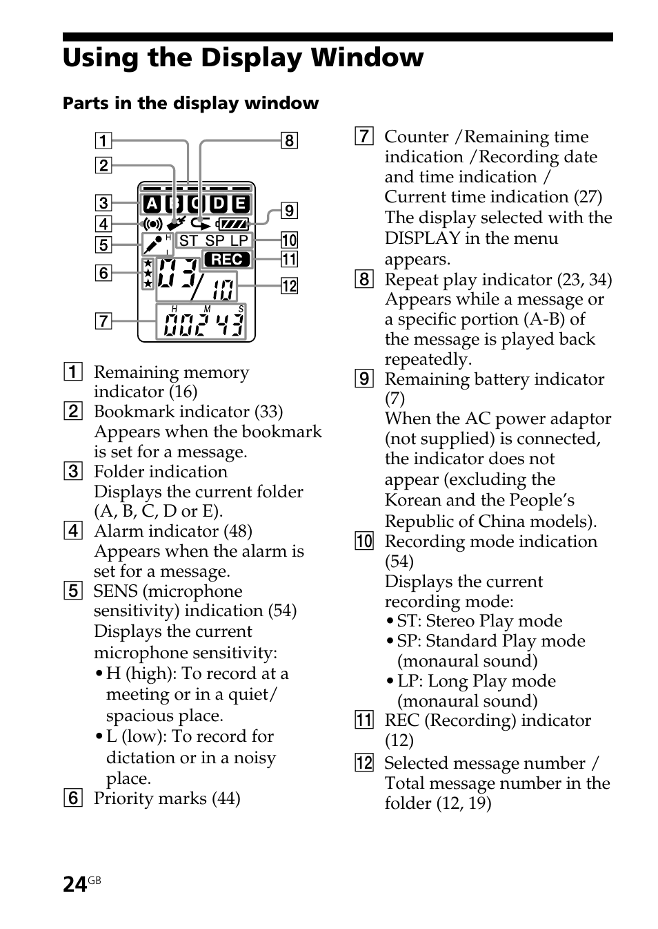 Using the display window | Sony ICD-ST25VTP User Manual | Page 24 / 72