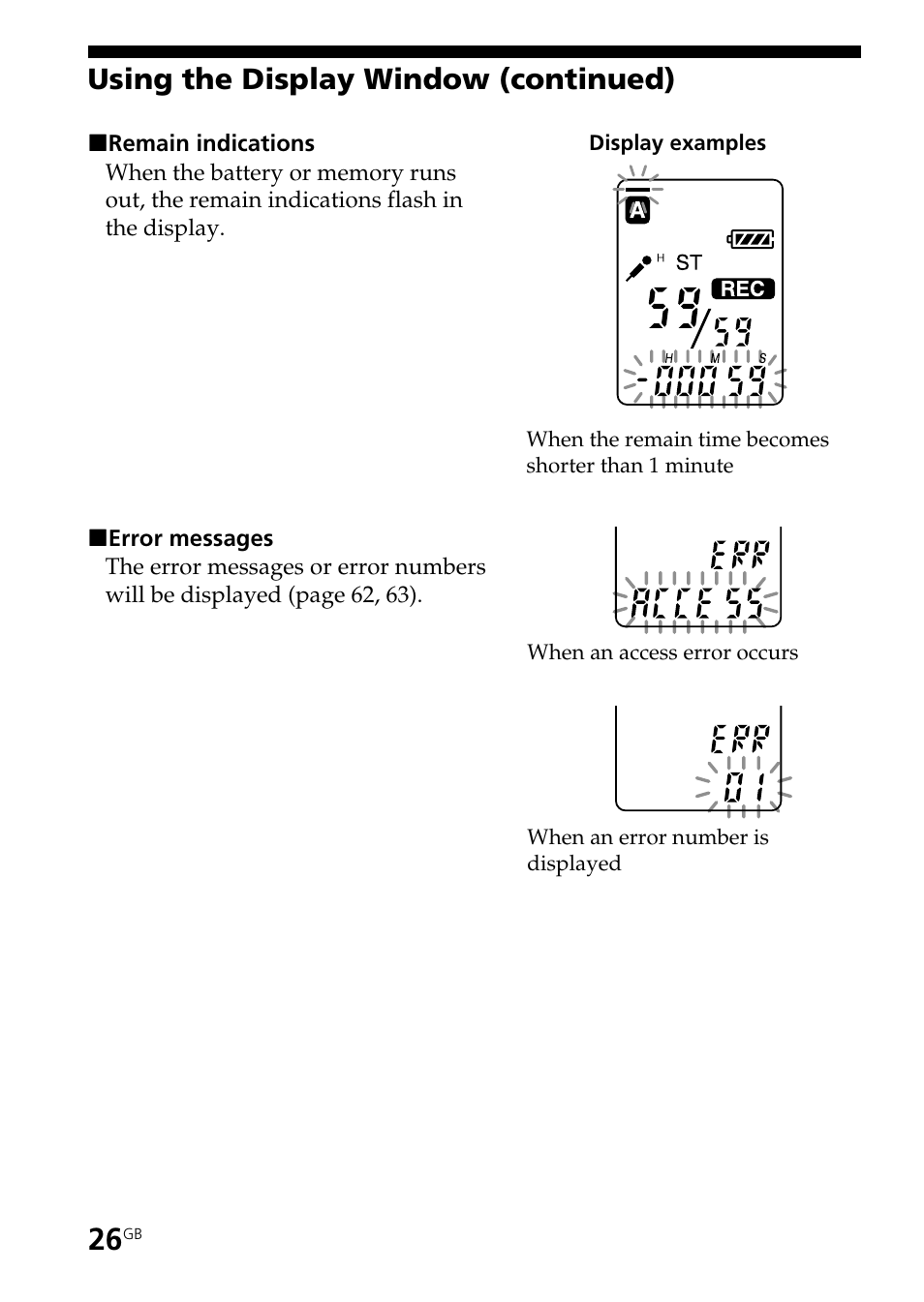 Using the display window (continued) | Sony ICD-ST25VTP User Manual | Page 26 / 72