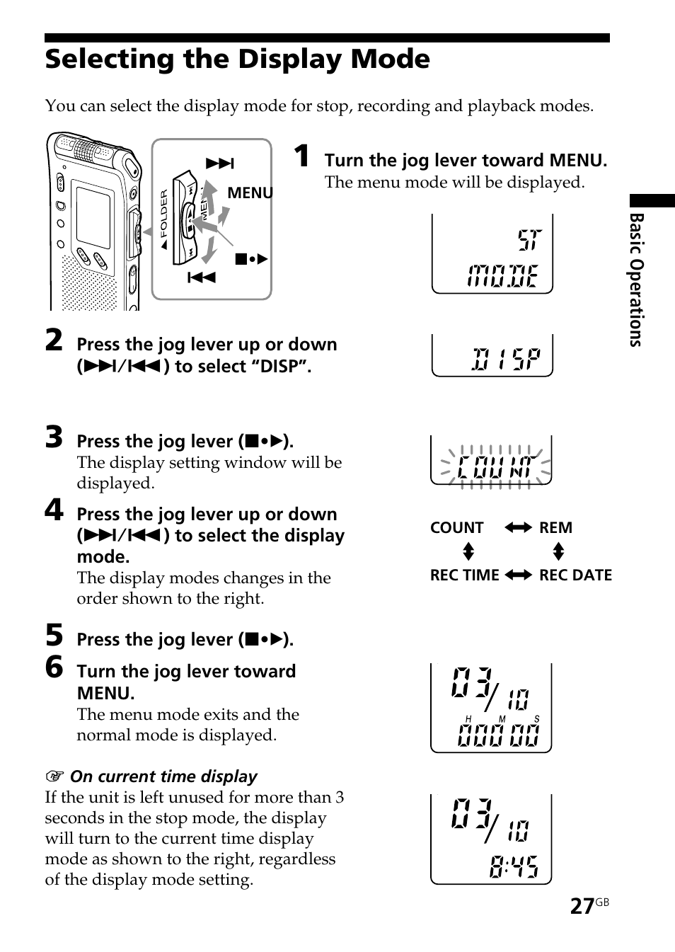 Selecting the display mode | Sony ICD-ST25VTP User Manual | Page 27 / 72