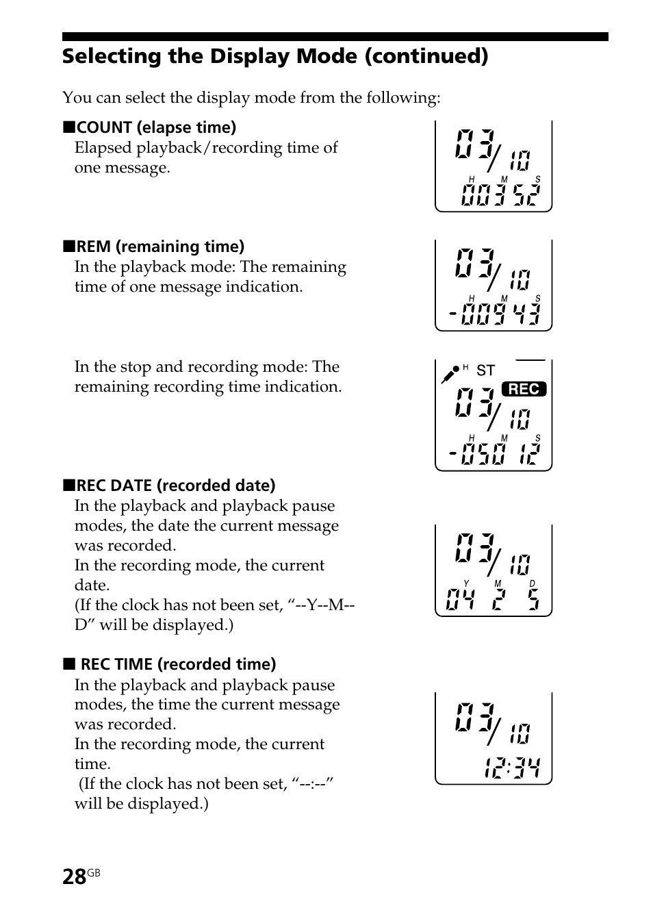 Selecting the display mode (continued) | Sony ICD-ST25VTP User Manual | Page 28 / 72