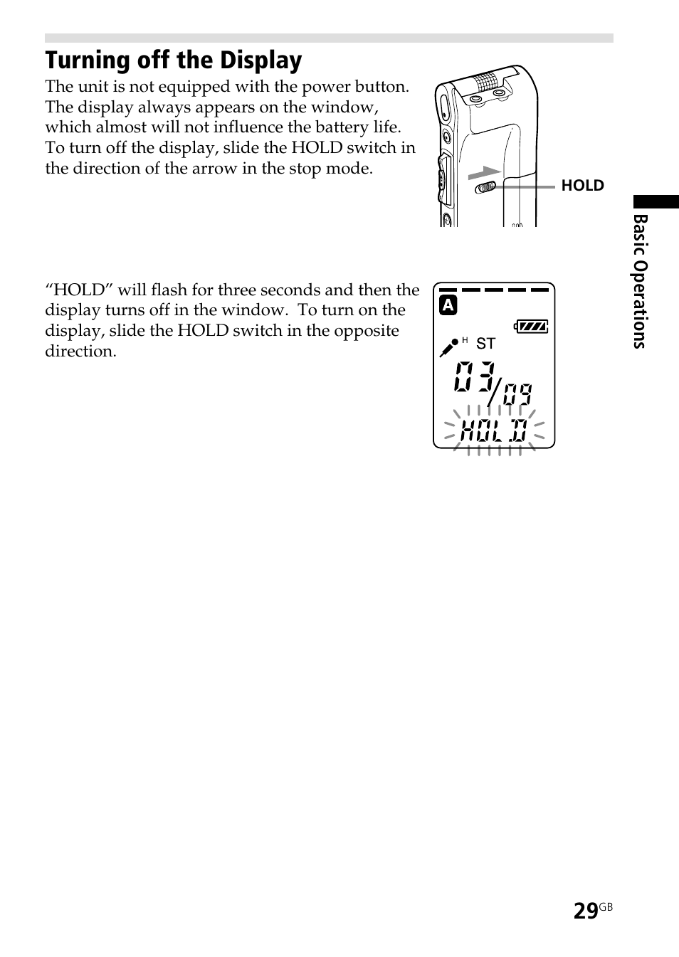 Turning off the display | Sony ICD-ST25VTP User Manual | Page 29 / 72